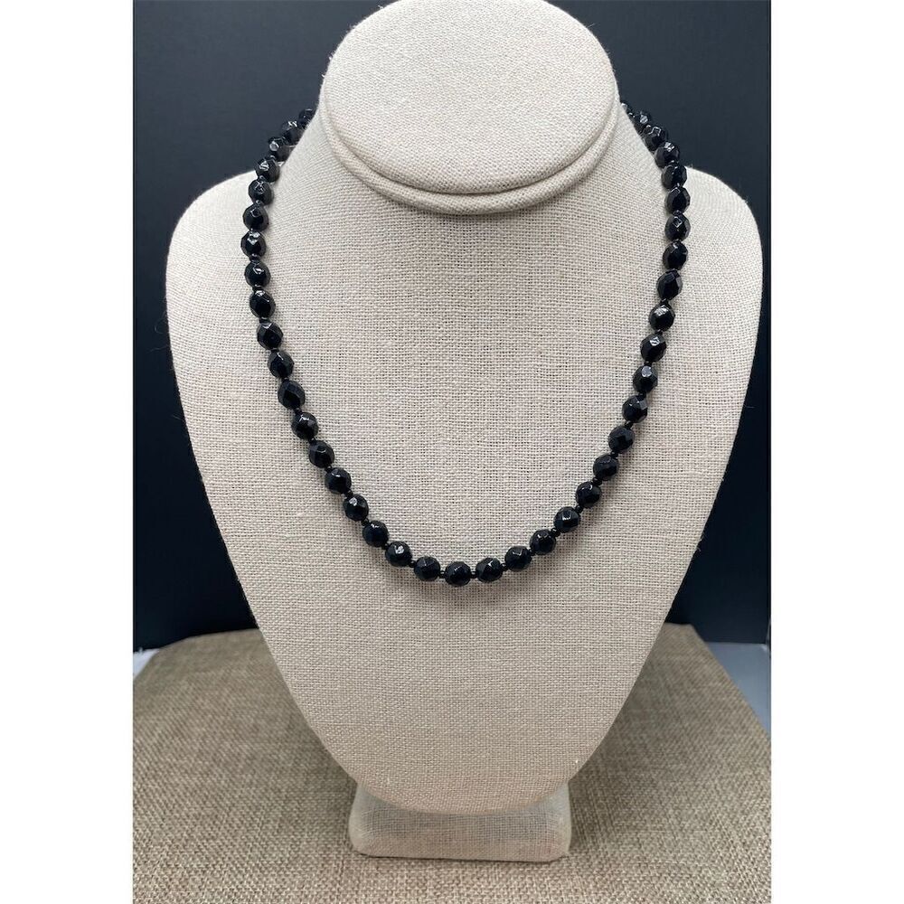 Vintage Faceted Black Glass Bead Necklace 19.5 Grandma Core